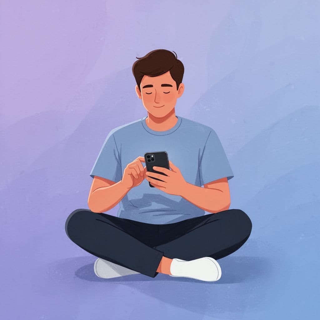 illustration of a person using a mobile mindfully, representing the importance of digital boundaries to keep feeling good and positive