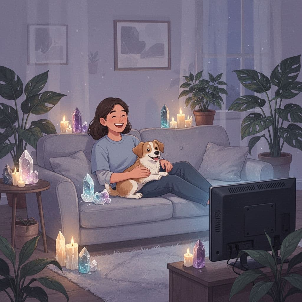 An illustration of a person relaxing on a sofa with their dog, using candles, crystals, and plants to create a positive home environment