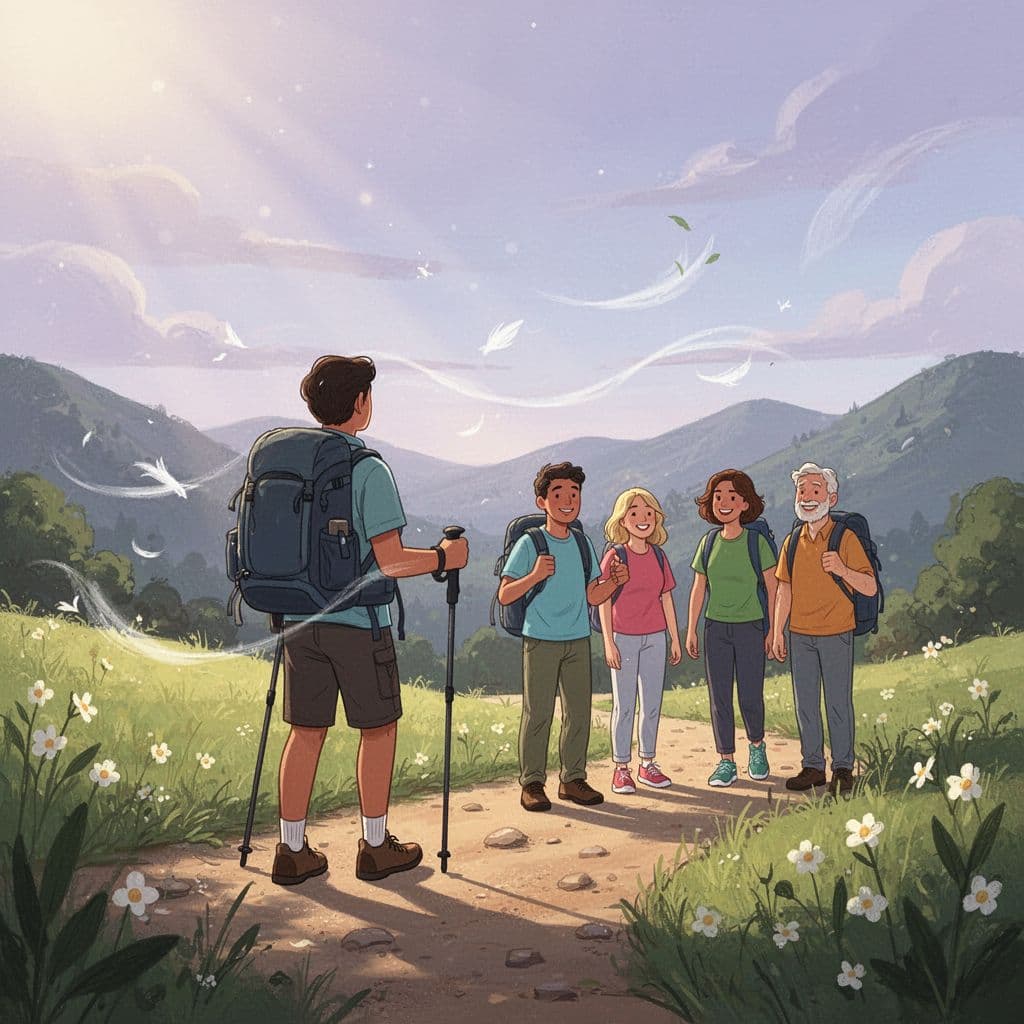 illustration of a group of people hiking in a bright, mountainous landscape, representing how outdoor activities and nature-based sensory can lift personal energy.