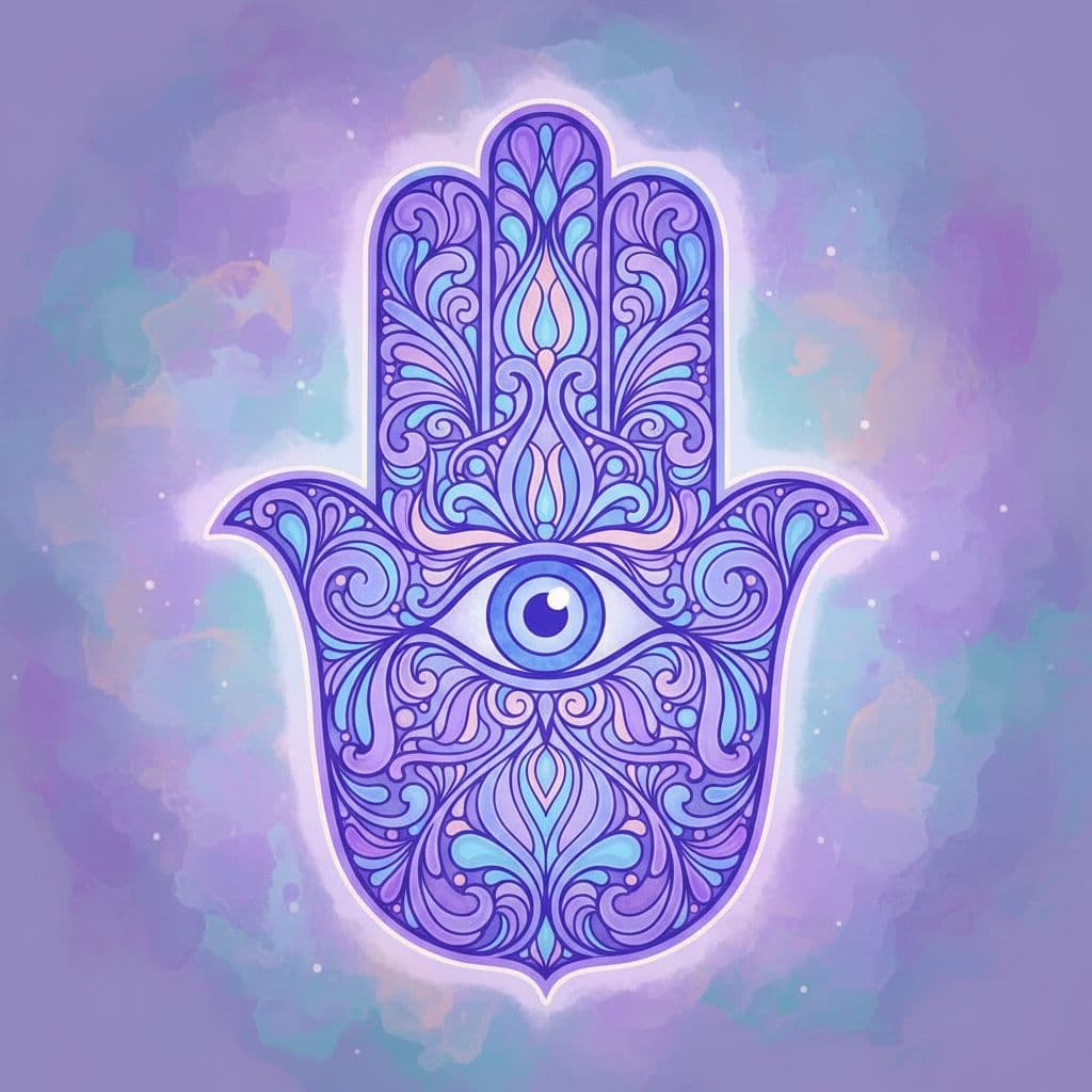 Hamsa hand symbol illustration in purple colors