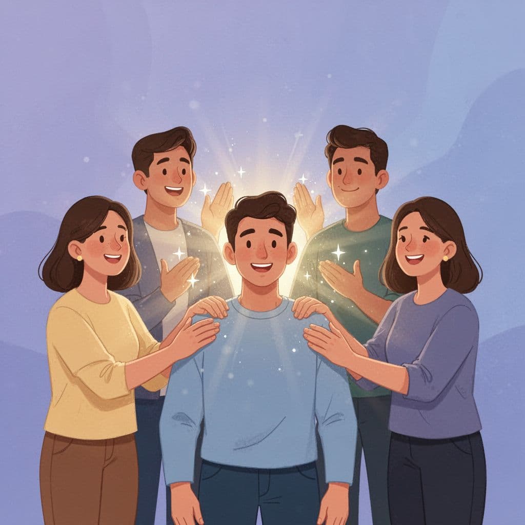 An illustration of supportive friends surrounding a person with uplifting energy, demonstrating the power of positivity