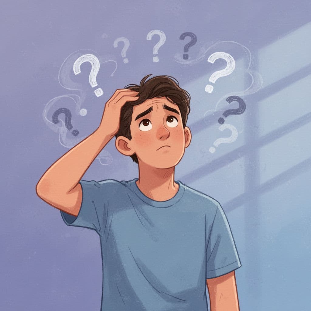 illustration of a person surrounded by question marks, representing the process of how to identify sources of negativity