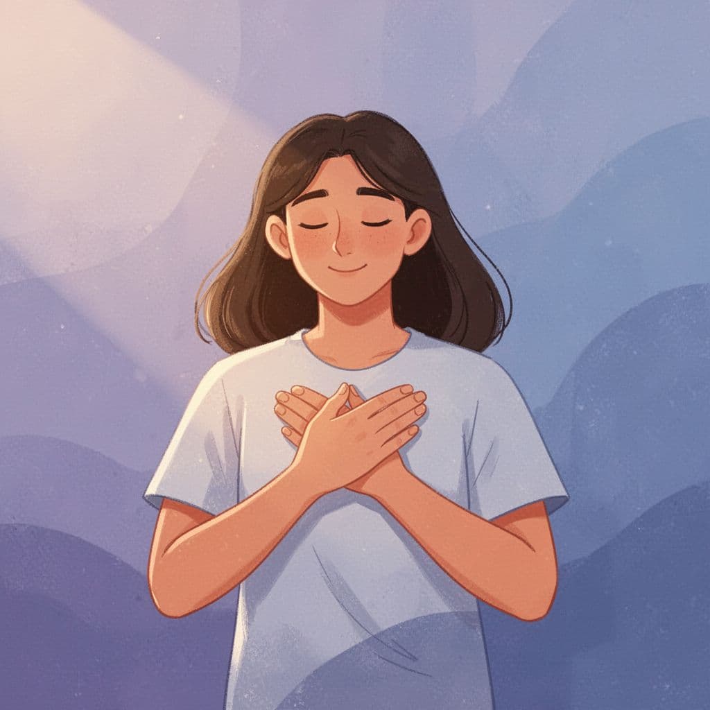 Illustration of a person with hands over their heart, representing a mindful gratitude practice