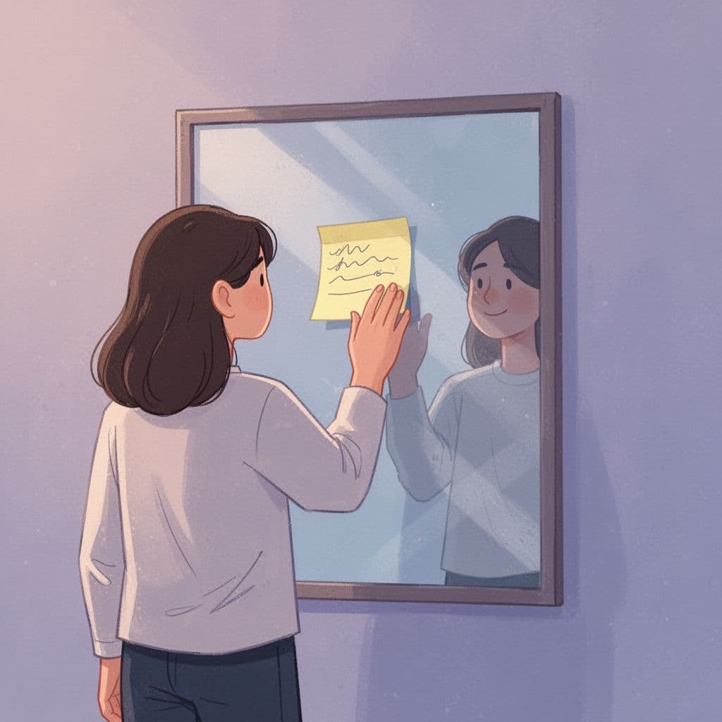 Illustration of a person placing a positive quote on a mirror, demonstrating how visual anchors can help reshape inner dialogue and a positive mindset.