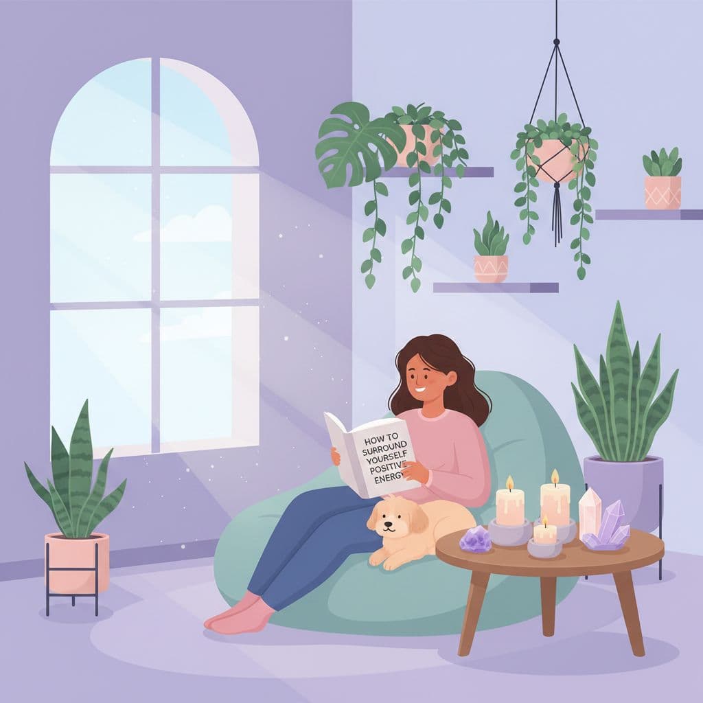 Person reading in a cozy, plant-filled room with candles and natural light, showing how to surround yourself with positive energy