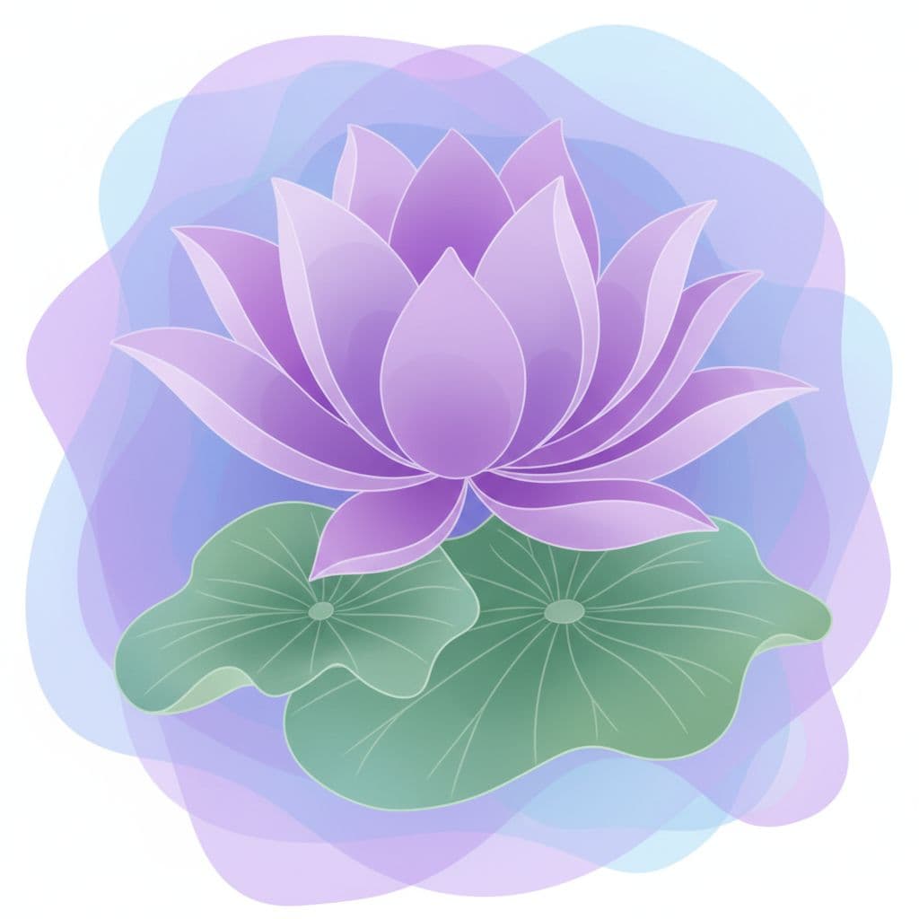lotus flower illustration in soft purple colors and green leaf colors