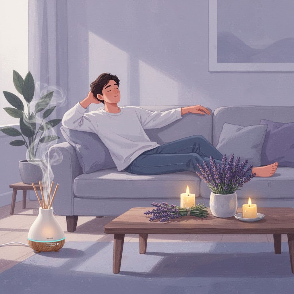 person relaxing with aromatherapy diffuser, lavender and candle