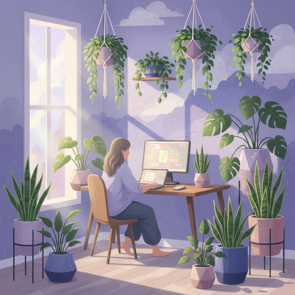 illustration of a person surrounded by green plants in their home office space inviting positive energy