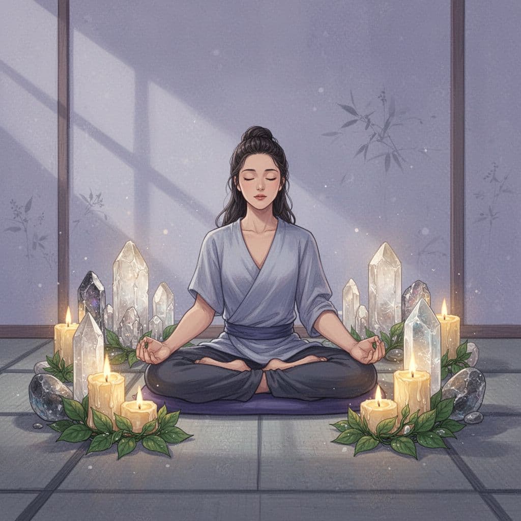 woman meditating on a meditation cushion surrounded by crystals and candles