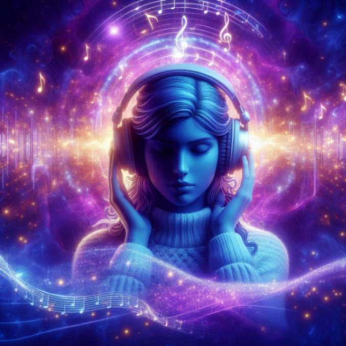 person experiencing 888 hz music, via headphones