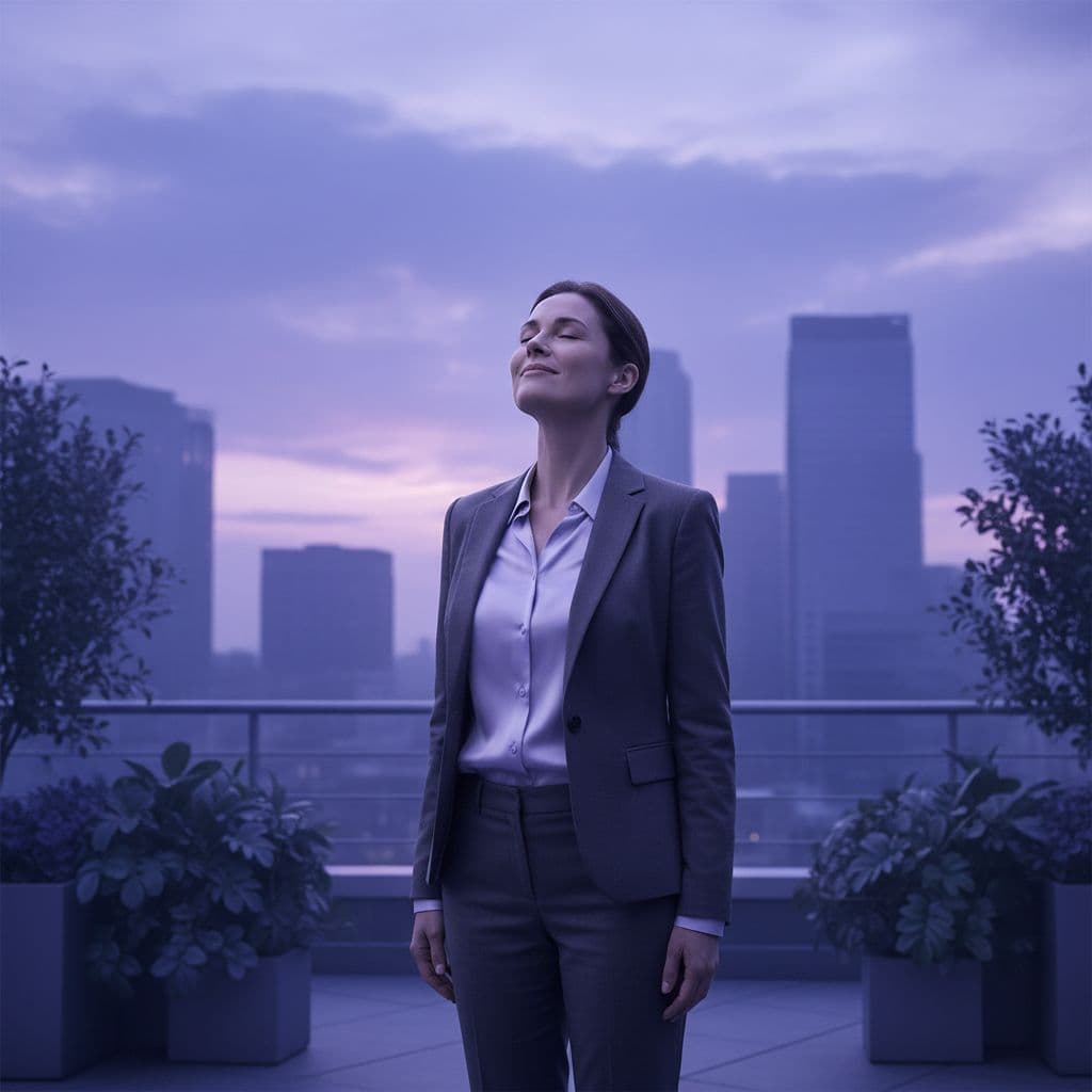 business person standing outside taking a breath to find clarity and clam down