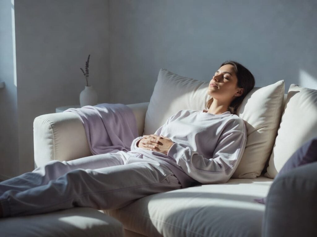 person on couch hands on stomach area feeling body awareness in mindfulness session