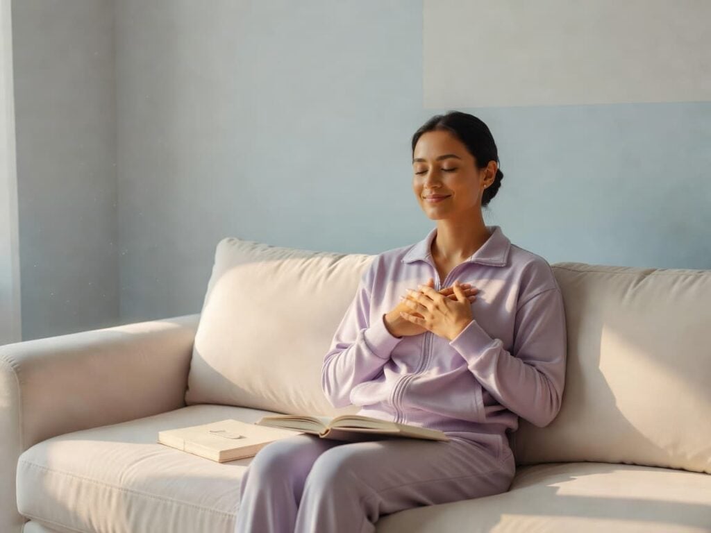person sitting on couch, hands on heart area, for self reflection and gratitude in mindfulness session