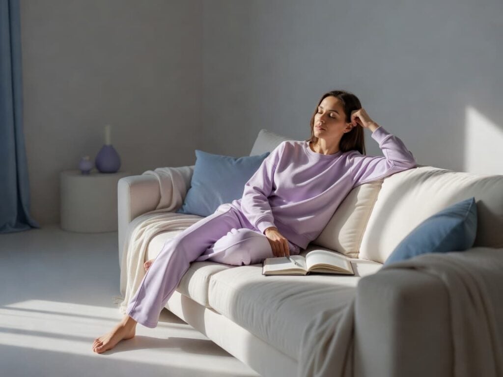 person on couch wondering using prompts to help draw out thoughts and emotions in mindfulness session