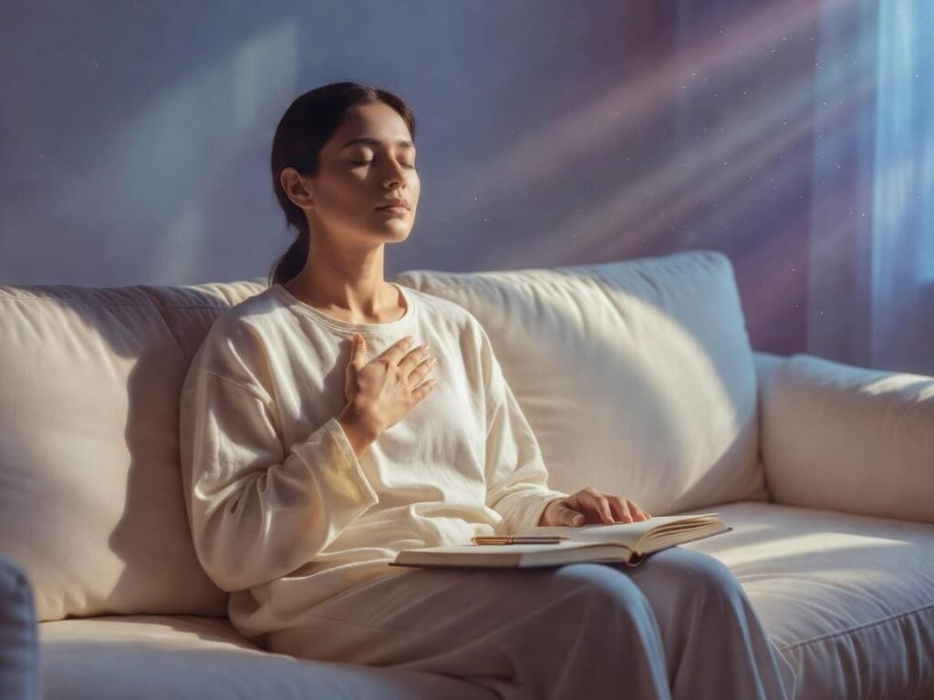 a person hand on their heart chakra, sitting on the couch about to do mindfulness Journaling