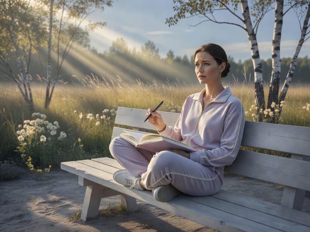 a person outdoors on bench with pen in hand and journal wondering what should I write after my meditation session