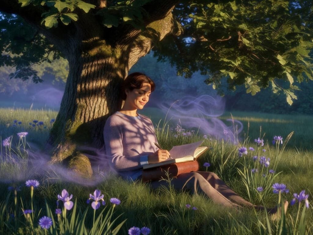 person sitting against a tree outside wondering what Should I Write in a Mindfulness Journal, as they have their journal in their lap and a pen in their hand