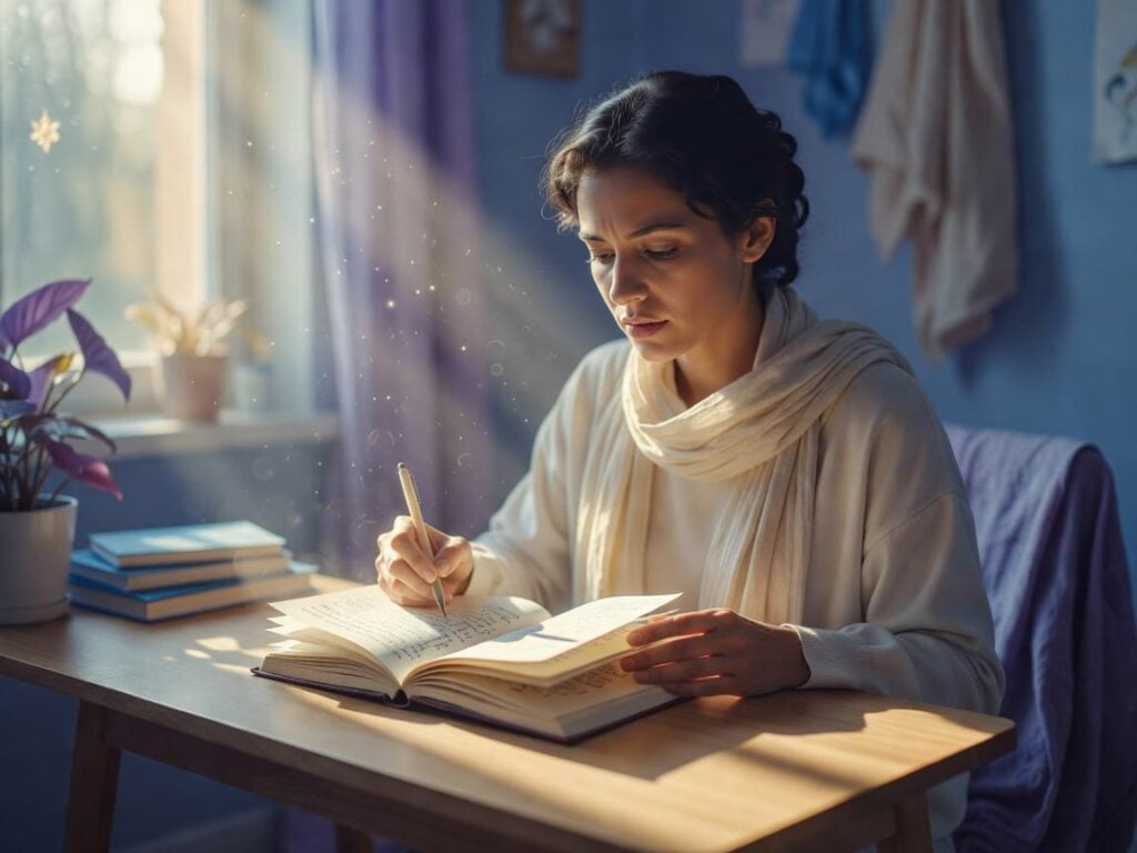 person writing with their journal prompts for mindfulness
